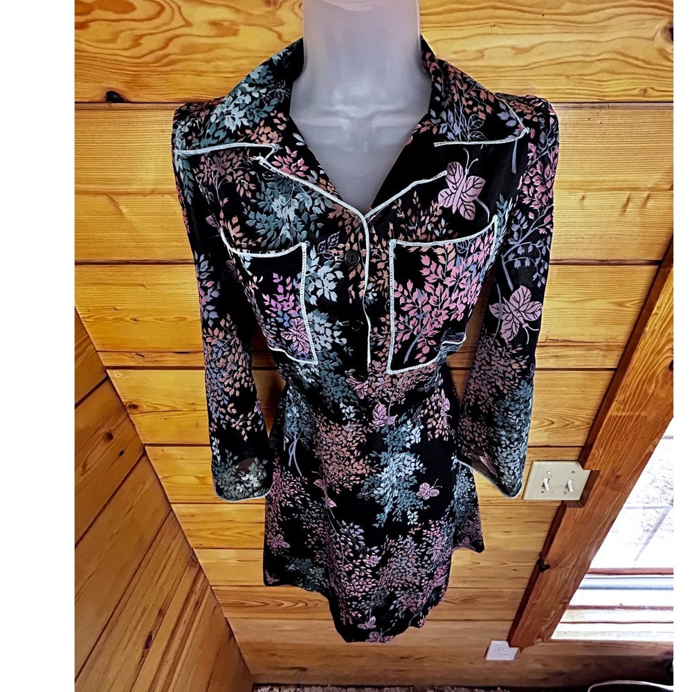 Vintage Sears Butterfly‎ Floral Print Dress Long Sleeve Elastic Waist Black Pink - Picture 7 of 12